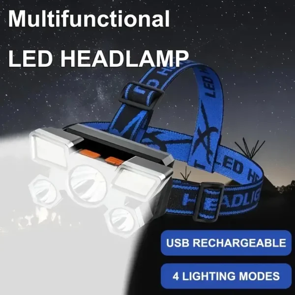 صورة توضح كشاف-على-الراس متعدد الوظائف، يعمل بتقنية LED، ويتميز بخاصية الشحن عبر USB وأربعة أوضاع إضاءة مختلفة.